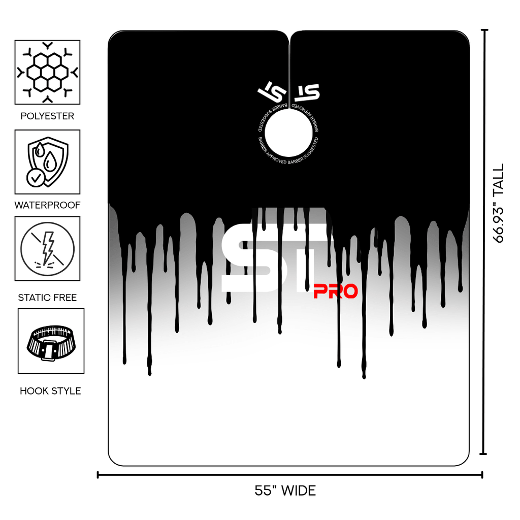Black-and-white drip-design barber cape diagram showing dimensions and feature icons
