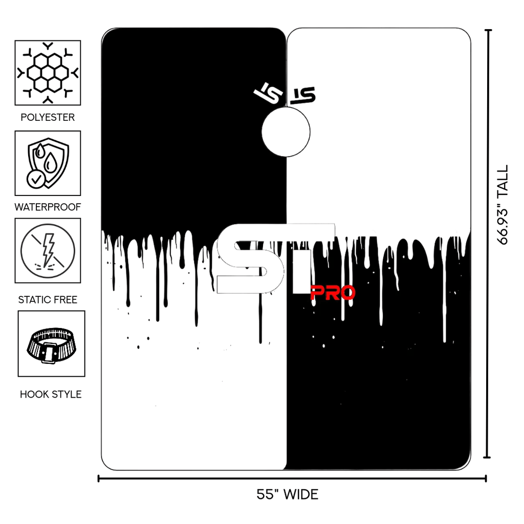 Black-and-white split-design barber cape diagram showing dimensions and feature icons