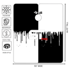 Black-and-white split-design barber cape diagram showing dimensions and feature icons