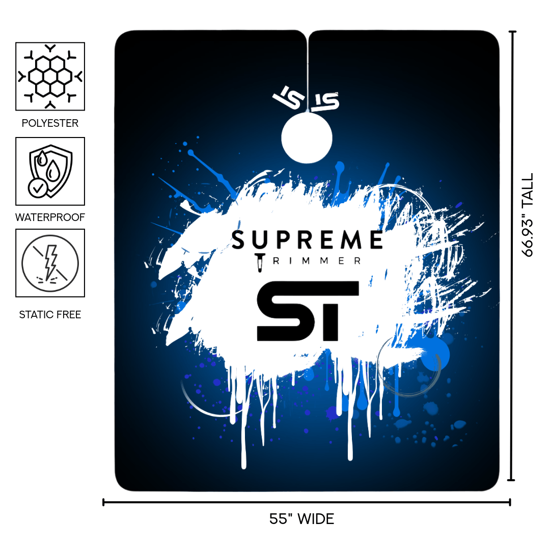 Supreme Trimmer extra-long barber cape blue and white design with 55-inch width