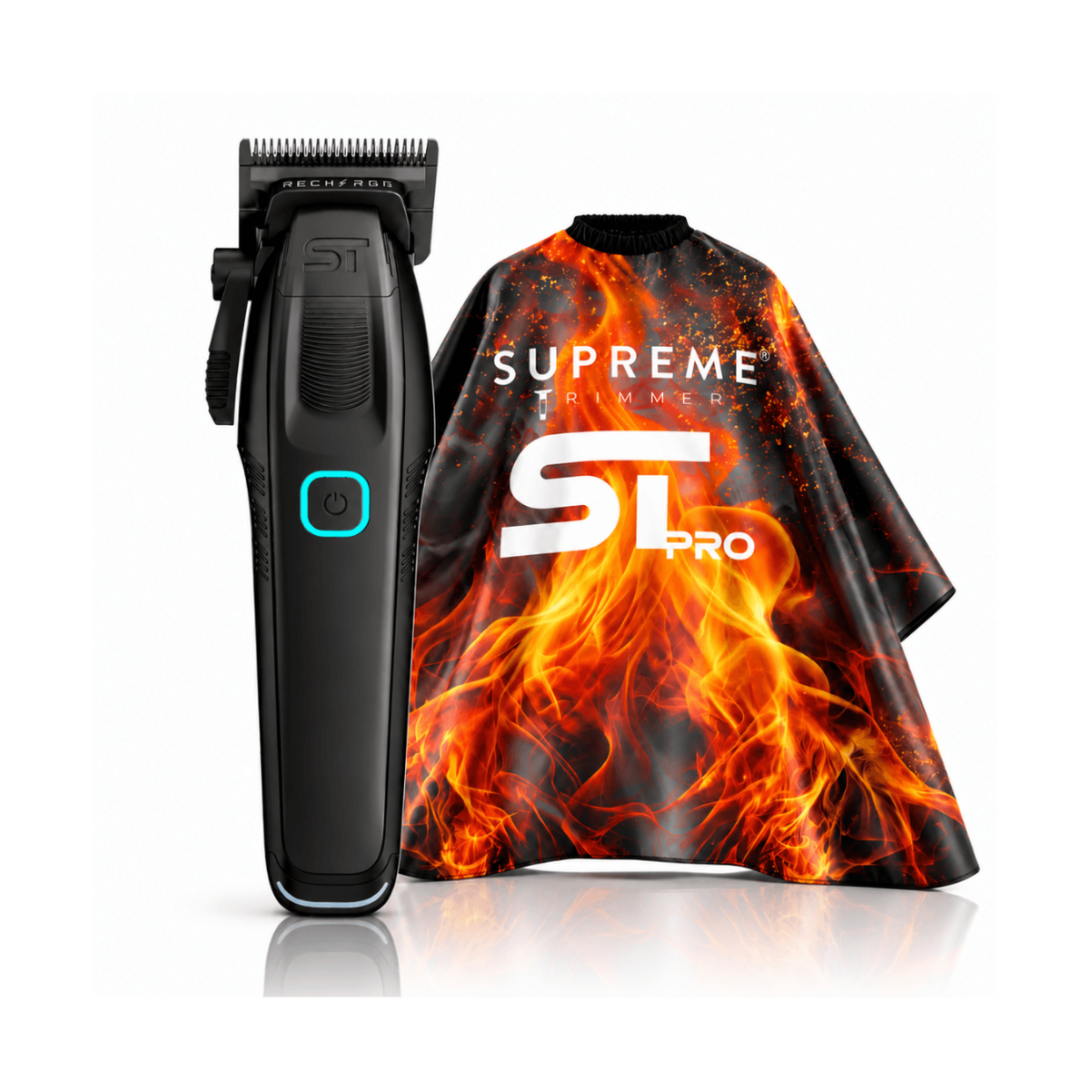 Supreme Trimmer Recharge black cordless hair clipper with flame design professional barber cape bundle on white background
