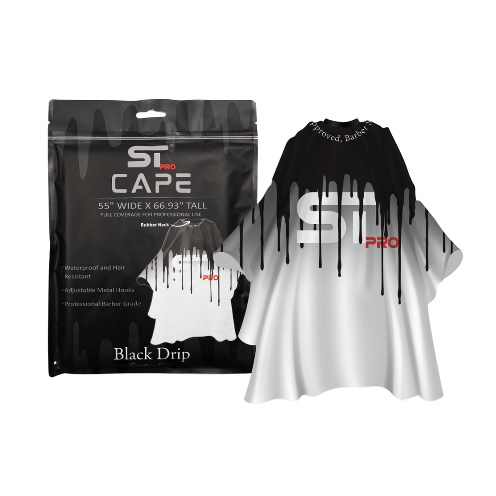 Black-and-white drip-design barber cape displayed beside its packaging