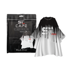 Black-and-white drip-design barber cape displayed beside its packaging