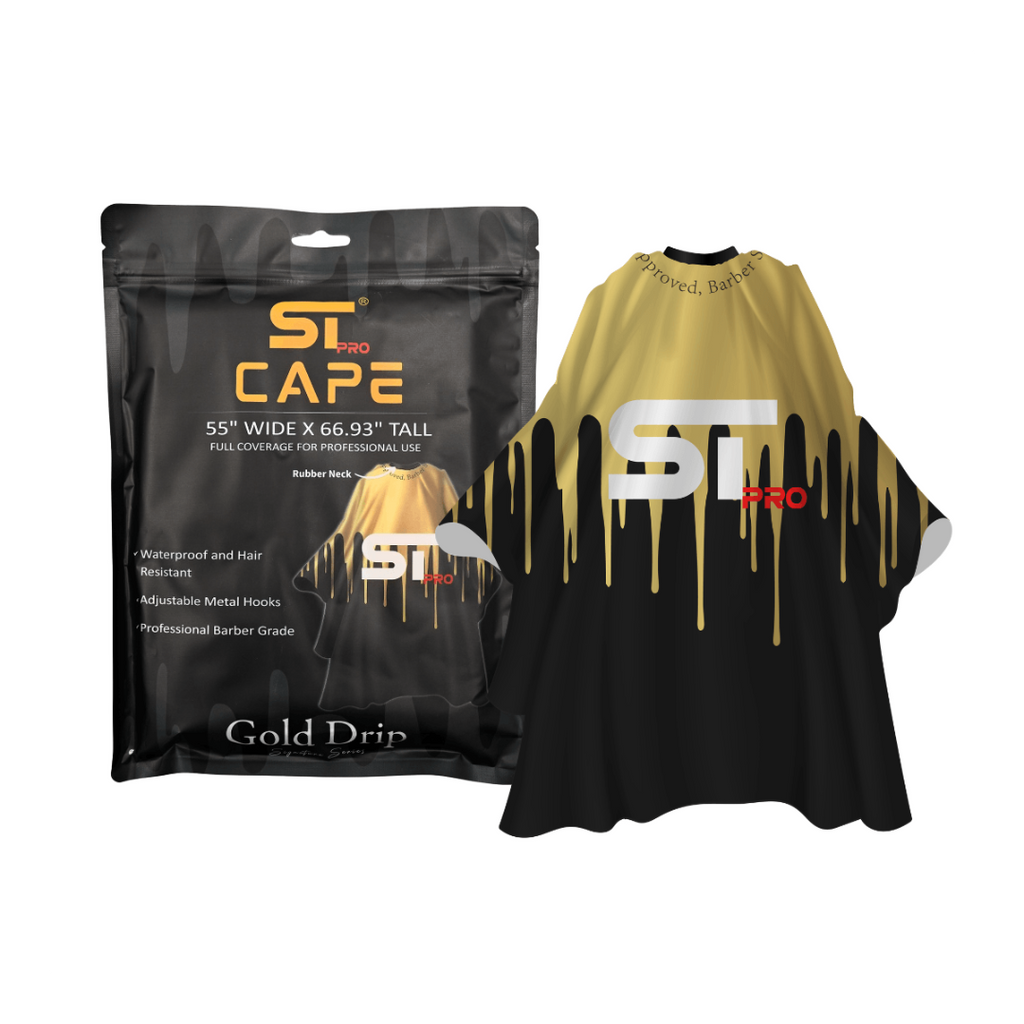 Gold-and-black rubber-neck barber cape displayed beside its packaging