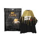 Gold-and-black rubber-neck barber cape displayed beside its packaging