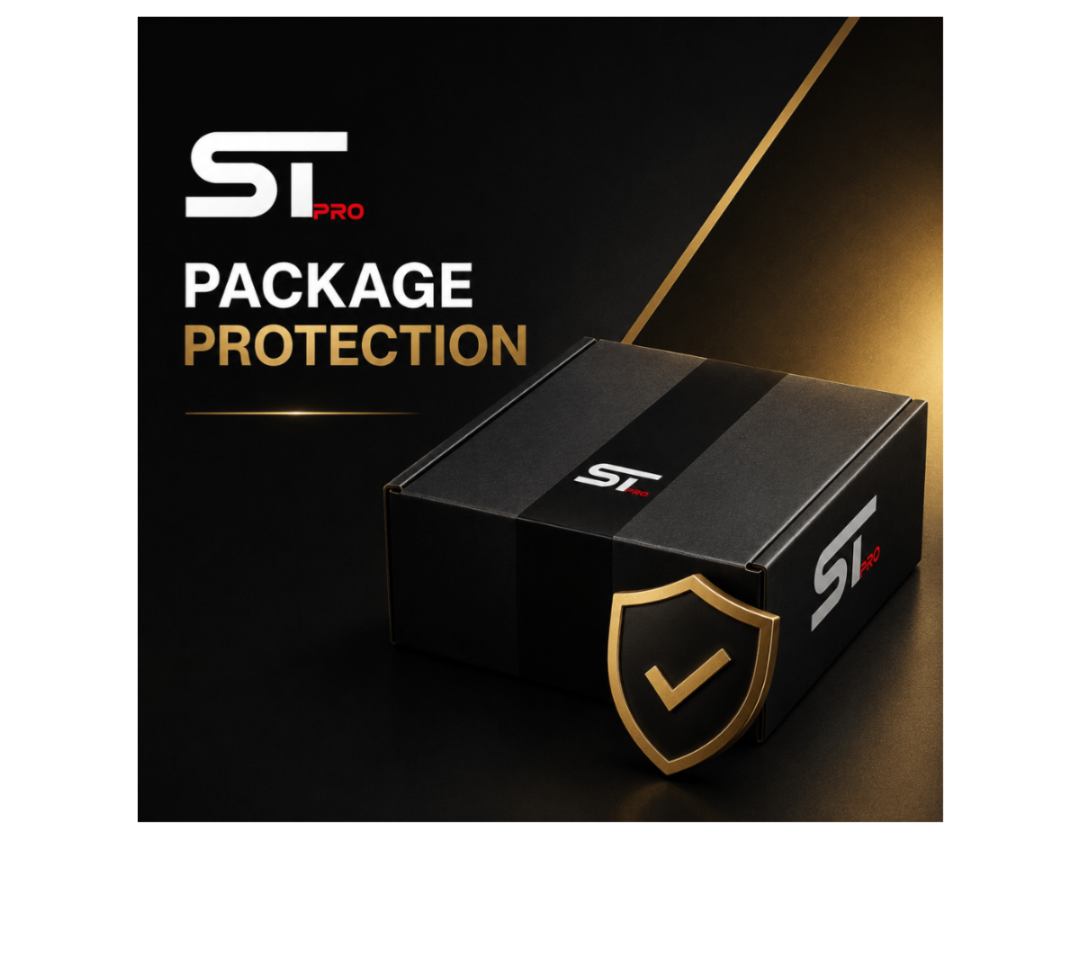 A black ST Pro package protection box with a gold shield icon on the front, set against a dark background with gold and white text reading 'ST PRO PACKAGE PROTECTION'.