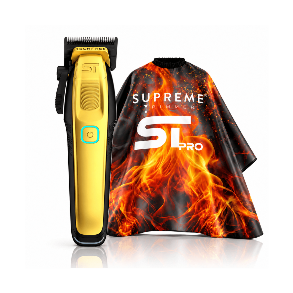 Supreme Trimmer Recharge gold cordless hair clipper and flame design barber cutting cape professional bundle