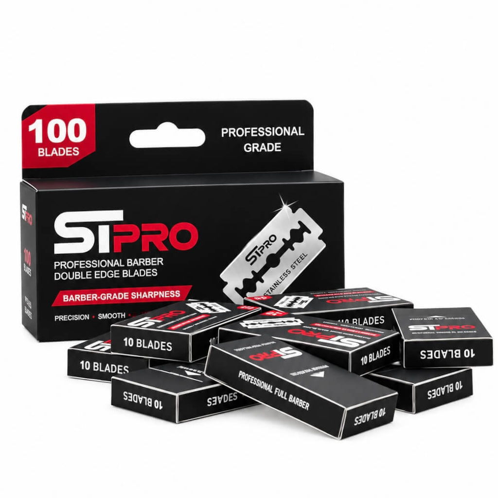 STPRO 100-pack razor blade box displayed with smaller blade packets