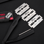 STPRO double edge razor blades displayed beside a black barber razor holder