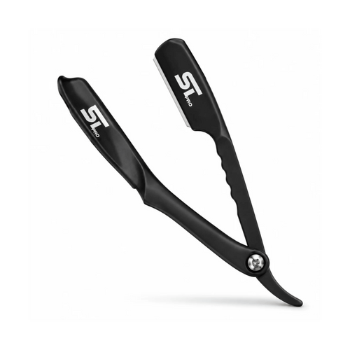Supreme Trimmer ST PRO SRH11 black magnetic straight edge barber razor with stainless steel construction and ergonomic folding handle for precision shaving and lineups.