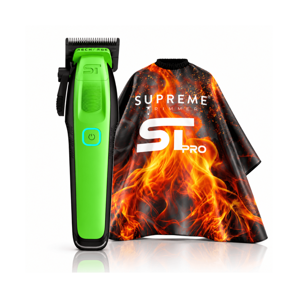 Supreme Trimmer Recharge green cordless hair clipper with black and orange flame barber cape professional cutting bundle