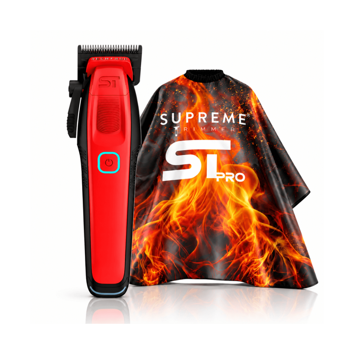 Supreme Trimmer Recharge red cordless hair clipper and professional barber cutting cape with orange flame design