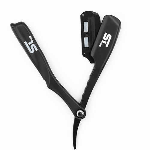 Supreme Trimmer STPRO black folding straight razor shown open from multiple angles, highlighting its handle and blade holder.