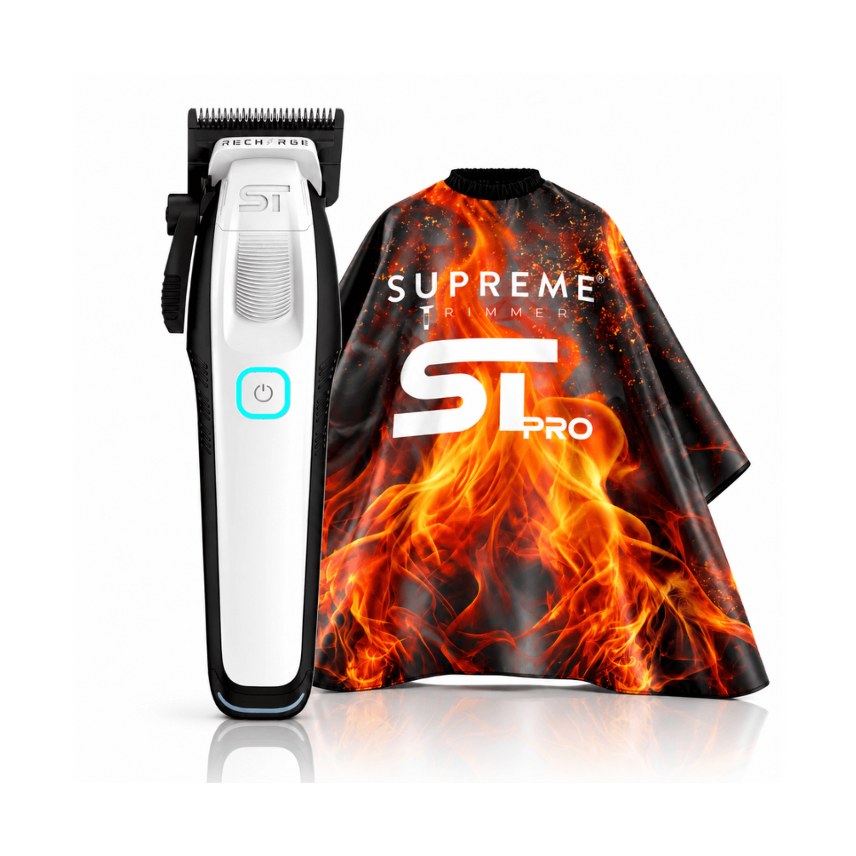 Supreme Trimmer Recharge white cordless hair clipper bundled with black and orange flame professional barber cape