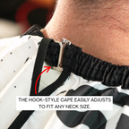 Professional barber cape adjustable neck strap close-up