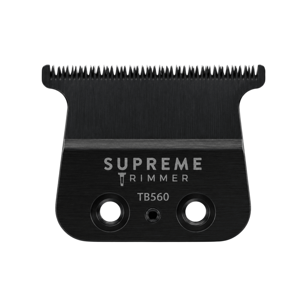 Supreme Trimmer TB560 black deep-tooth T-blade replacement with precision cutting teeth and two mounting holes.
