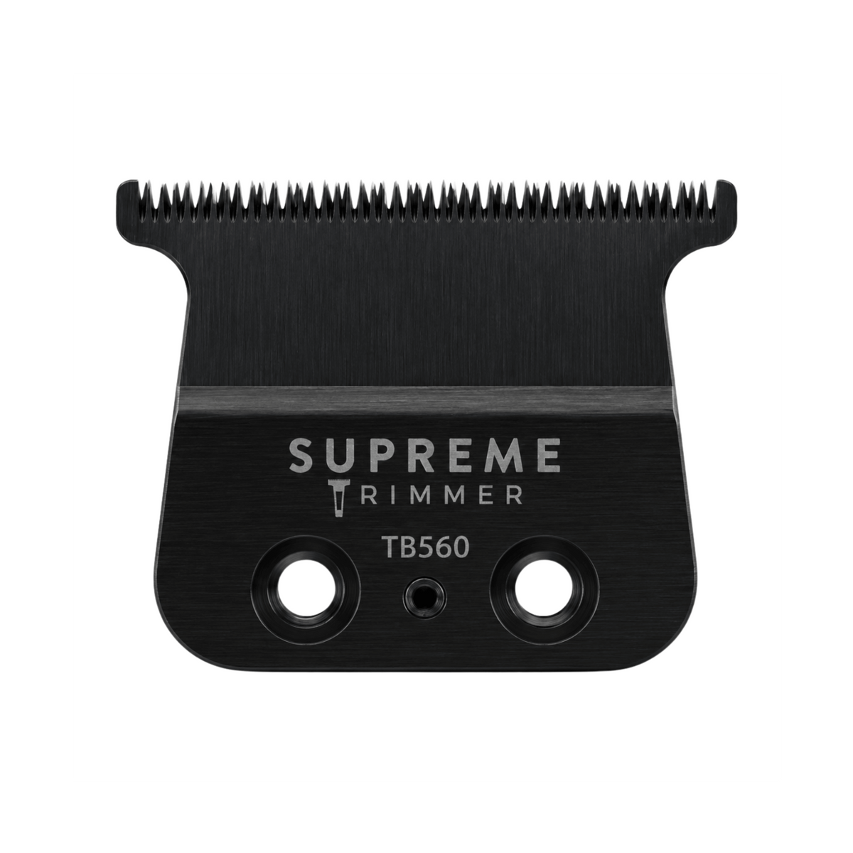 Supreme Trimmer TB560 black deep-tooth T-blade replacement with precision cutting teeth and two mounting holes.