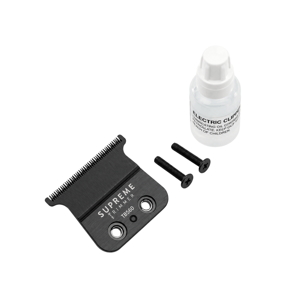 Supreme Trimmer TB560 replacement trimmer blade kit with black deep-tooth T-blade, mounting screws, and blade oil.
