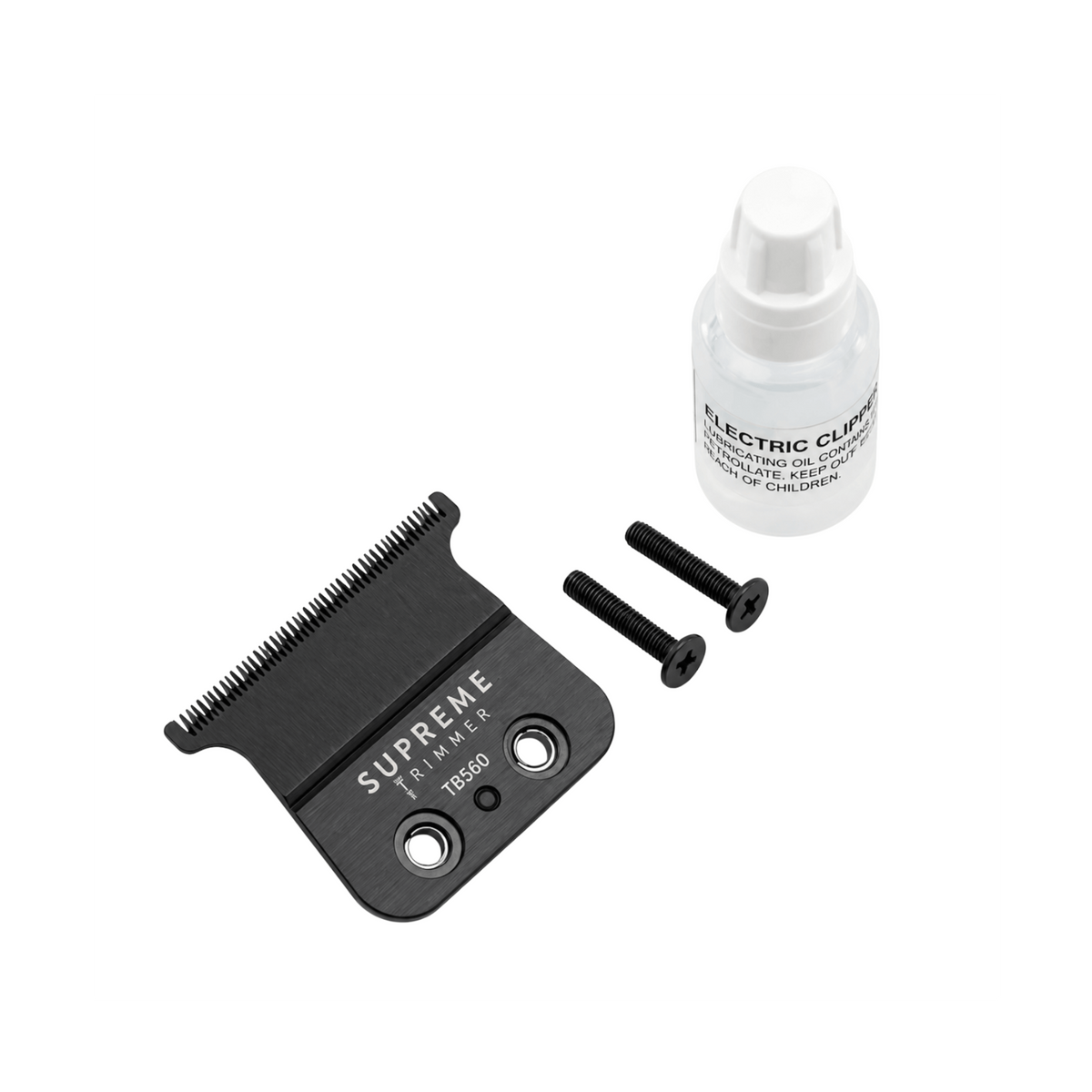 Supreme Trimmer TB560 replacement trimmer blade kit with black deep-tooth T-blade, mounting screws, and blade oil.